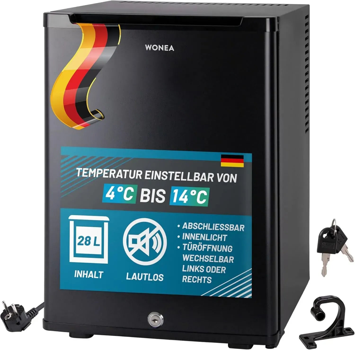 Leiser 28L Mini-Kühlschrank mit Schloss, wechselbarer Türanschlag und Innenbeleuchtung, 4°-14°C, 48cm hoch