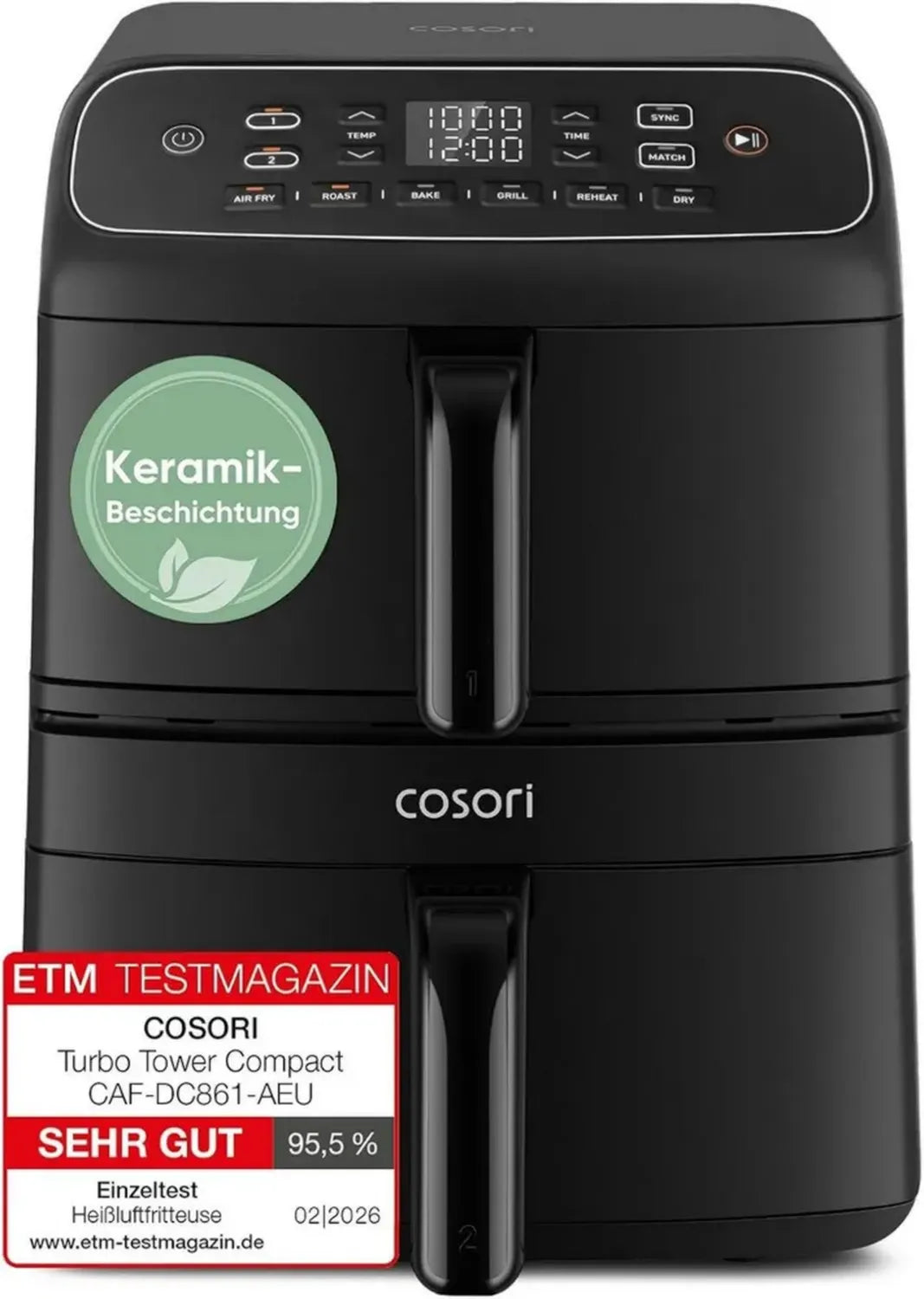 COSORI Heißluftfritteuse | Turbo-Tower Kompakt | 2-Kammern Keramik | 8,6L Doppelstapel | 2700W | Schwarz