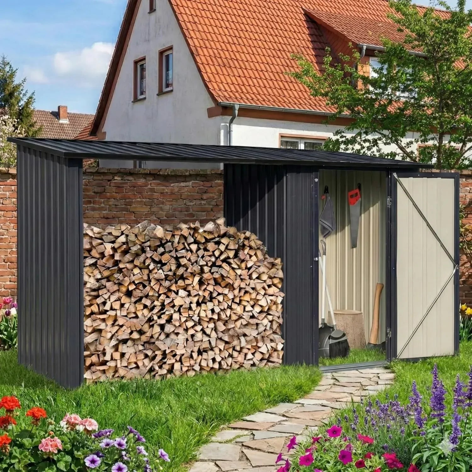 Albatros Premium Gerätehaus M – Metall Gerätehaus mit Holzunterstand, anthrazit, 266x127x161 cm, wetterfest